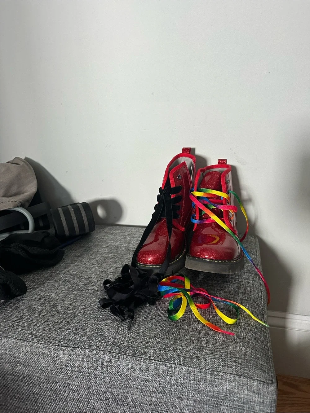 Kids Red Glitter Lace-Up Boots with Black or Rainbow Laces